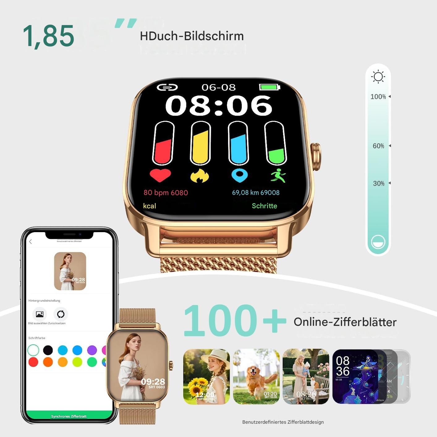 Smartwatch Damen Bluetooth Fitness Tracker mit Pulsmesser für Android & iPhone