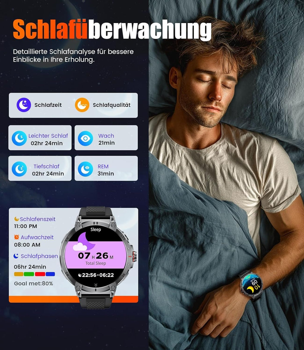 Smartwatch Herren mit Telefonfunktion Wasserdicht für Android iOS