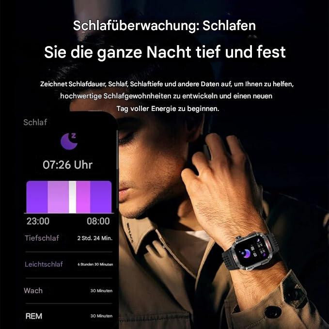 Smartwatch für Herren Outdoor Watch Robust Wasserdicht Taschenlampe Telefon für iOS Android