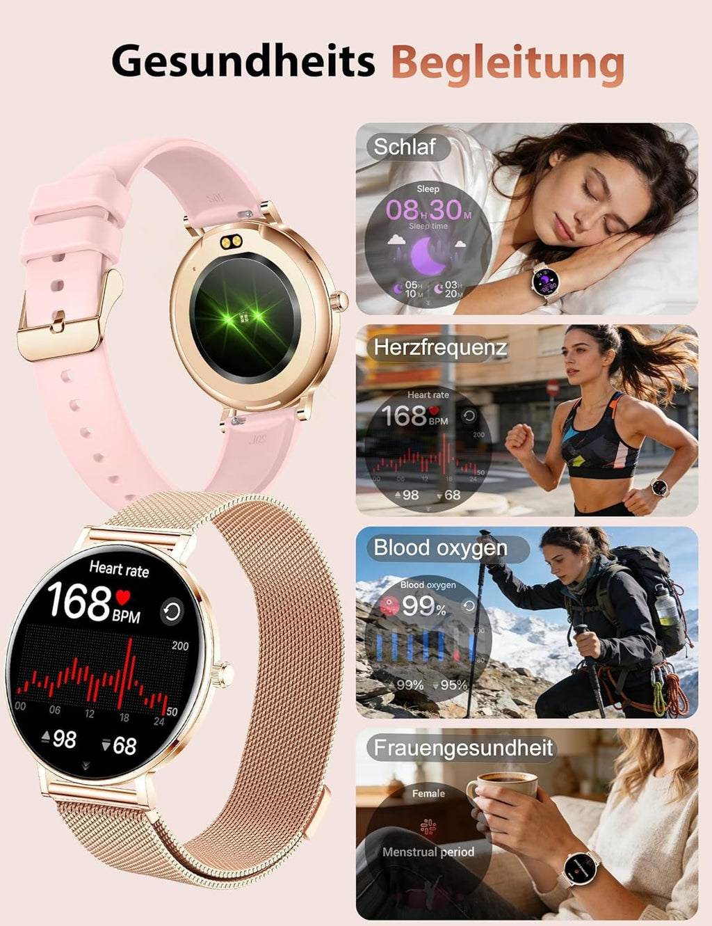 Smartwatch Damen - Bluetooth Wasserdicht Armbanduhr für iOS Android Elegant