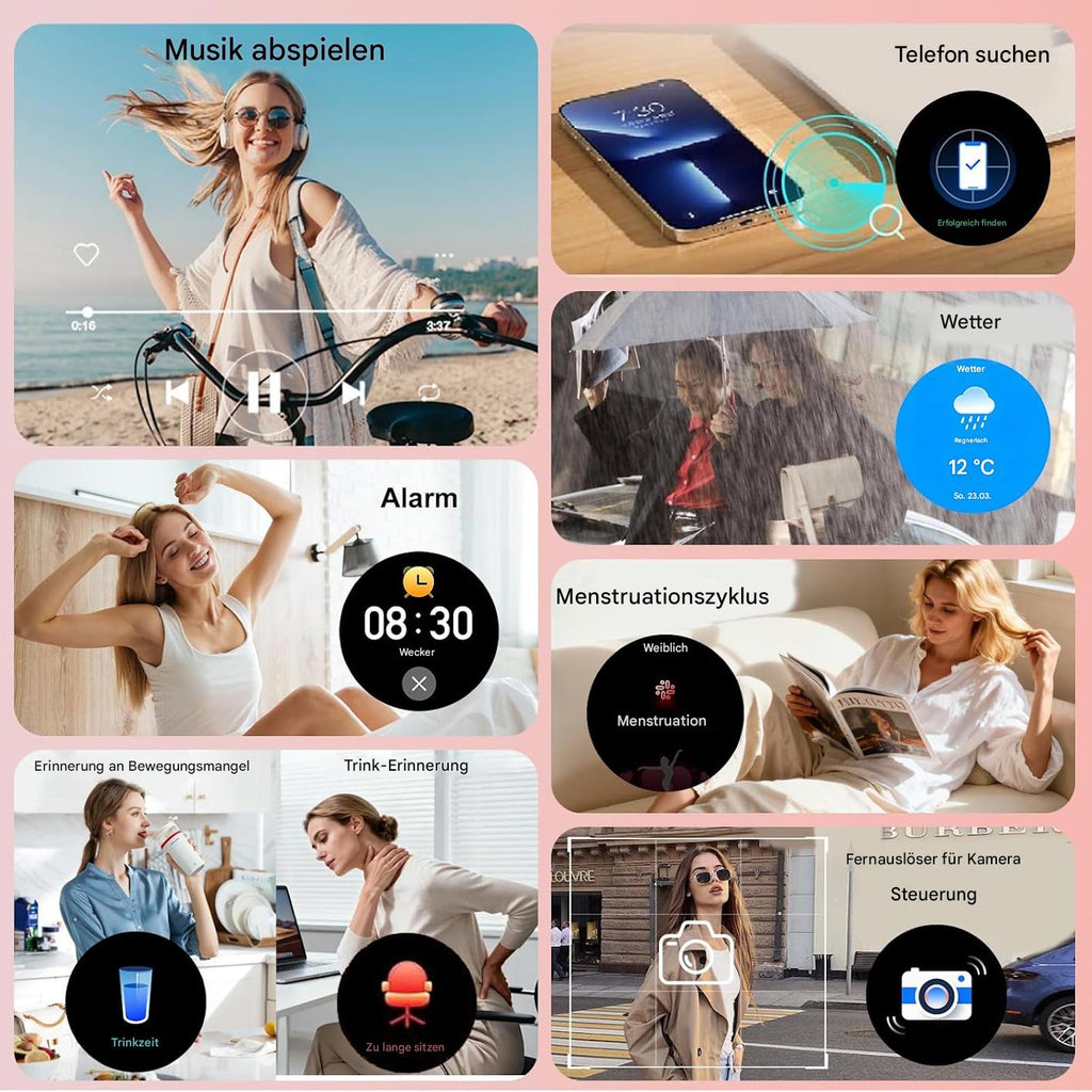 Smartwatch Damen Roségold mit Bluetooth Anruf & Diamant Design – Fitness Tracker mit 3 Armbändern