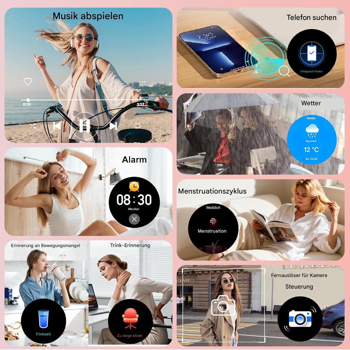 Smartwatch Damen Roségold mit Bluetooth Anruf & Diamant Design – Fitness Tracker mit 3 Armbändern