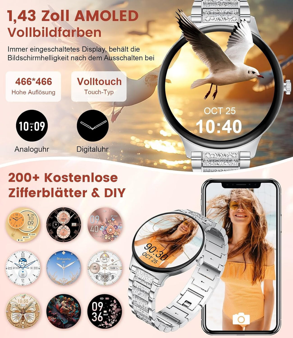 Smartwatch Damen und Frauen mit Telefonfunktion Armbanduhr Wasserdicht
