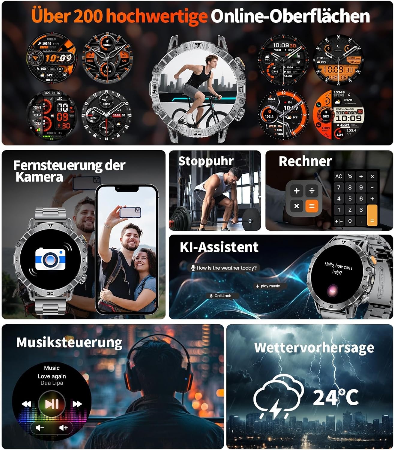 Smartwatch Herren mit Bluetooth Anrufen, LED-Taschenlampe & 1000mAh Akku