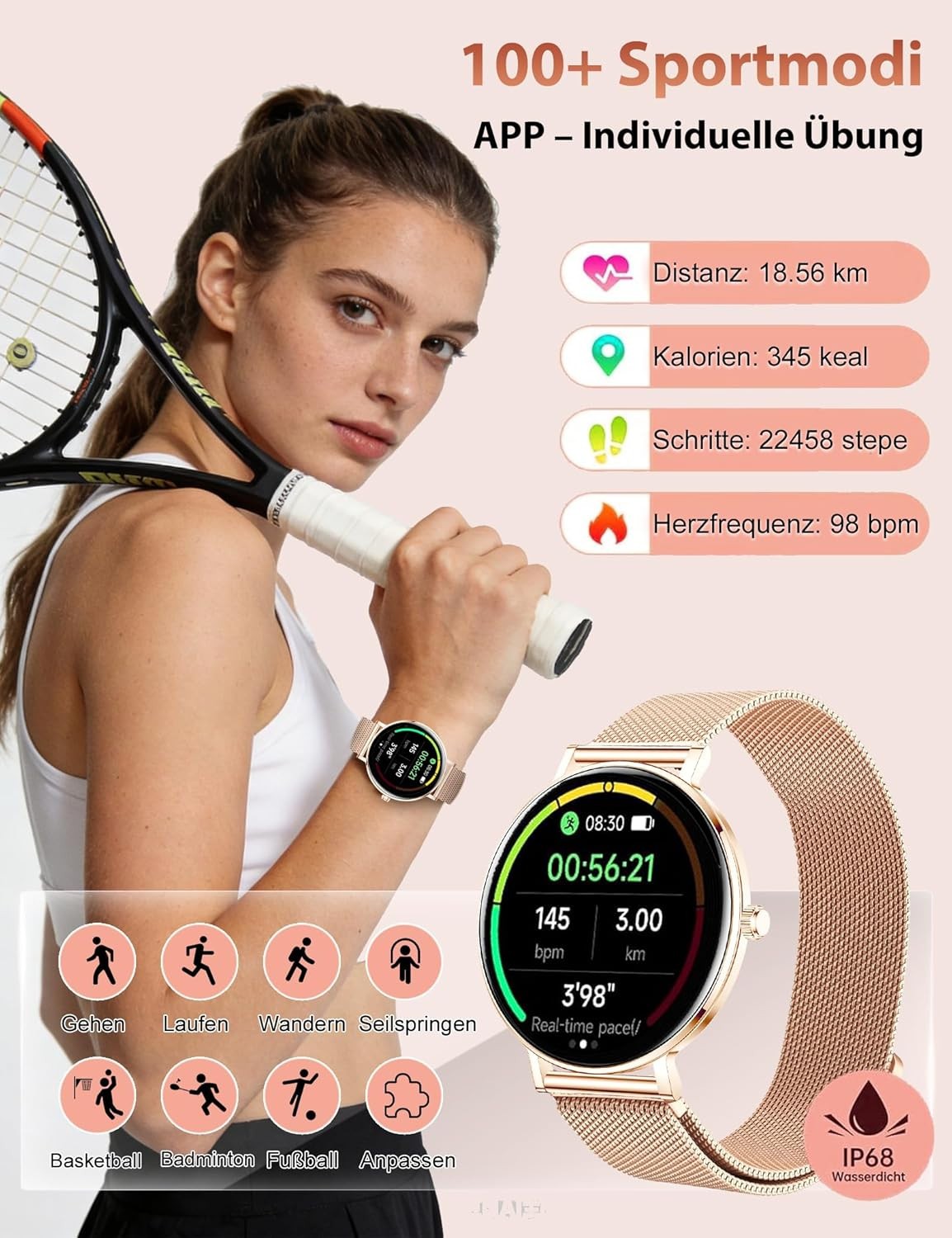 Smartwatch Damen - Bluetooth Wasserdicht Armbanduhr für iOS Android Elegant