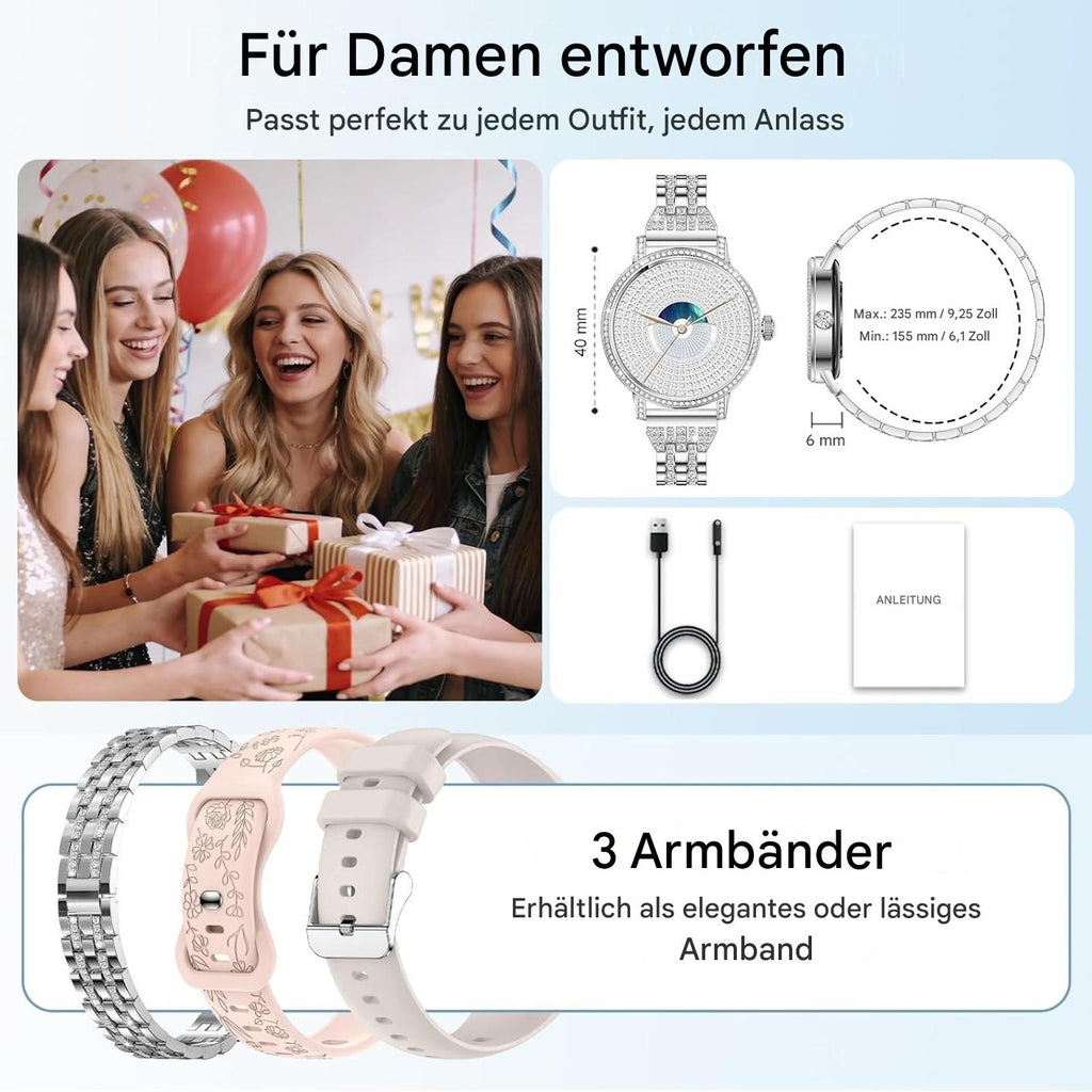 Smartwatch Damen - Diamant Design mit Telefonfunktion Armbanduhr für iOS Android