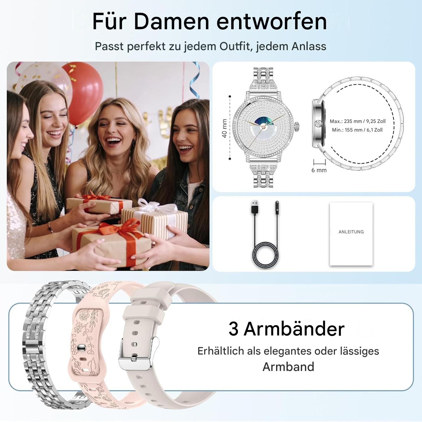 Smartwatch Damen - Diamant Design mit Telefonfunktion Armbanduhr für iOS Android