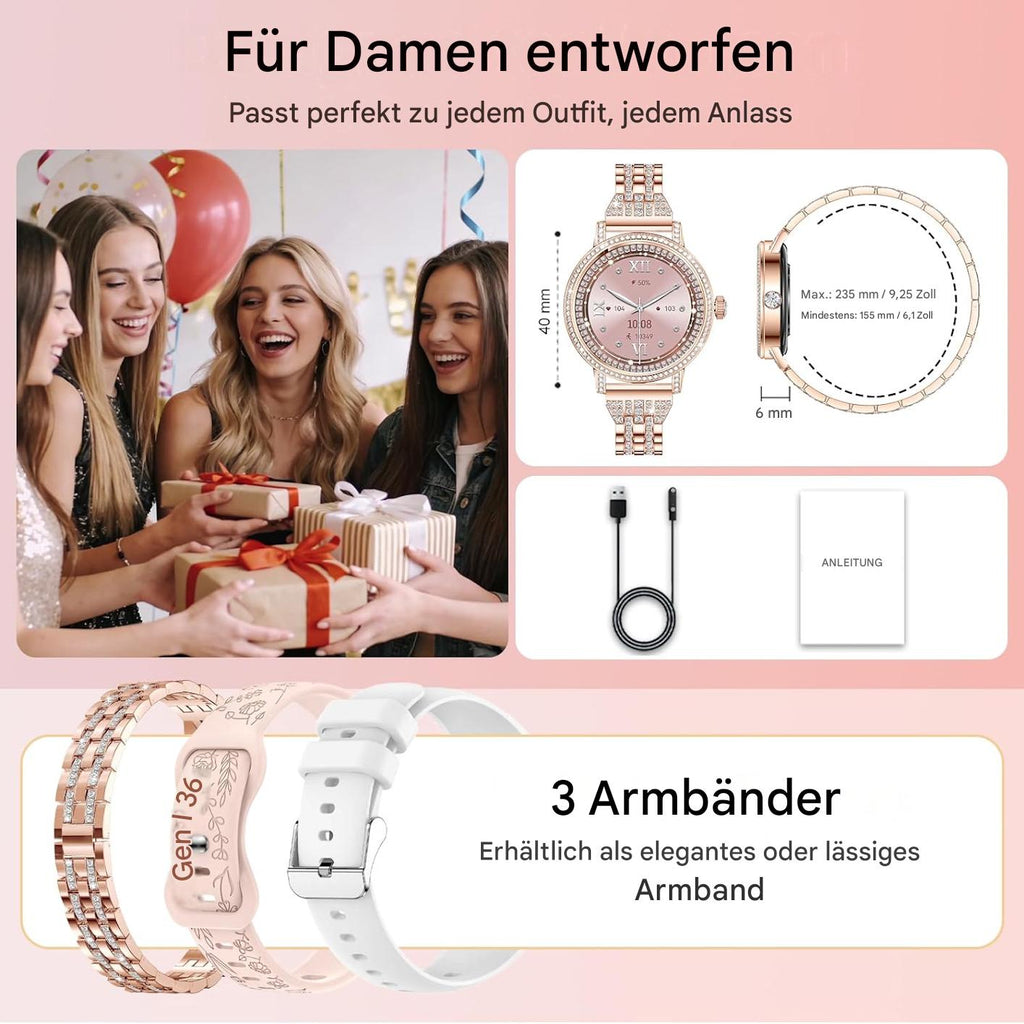Smartwatch Damen Roségold mit Bluetooth Anruf & Diamant Design – Fitness Tracker mit 3 Armbändern