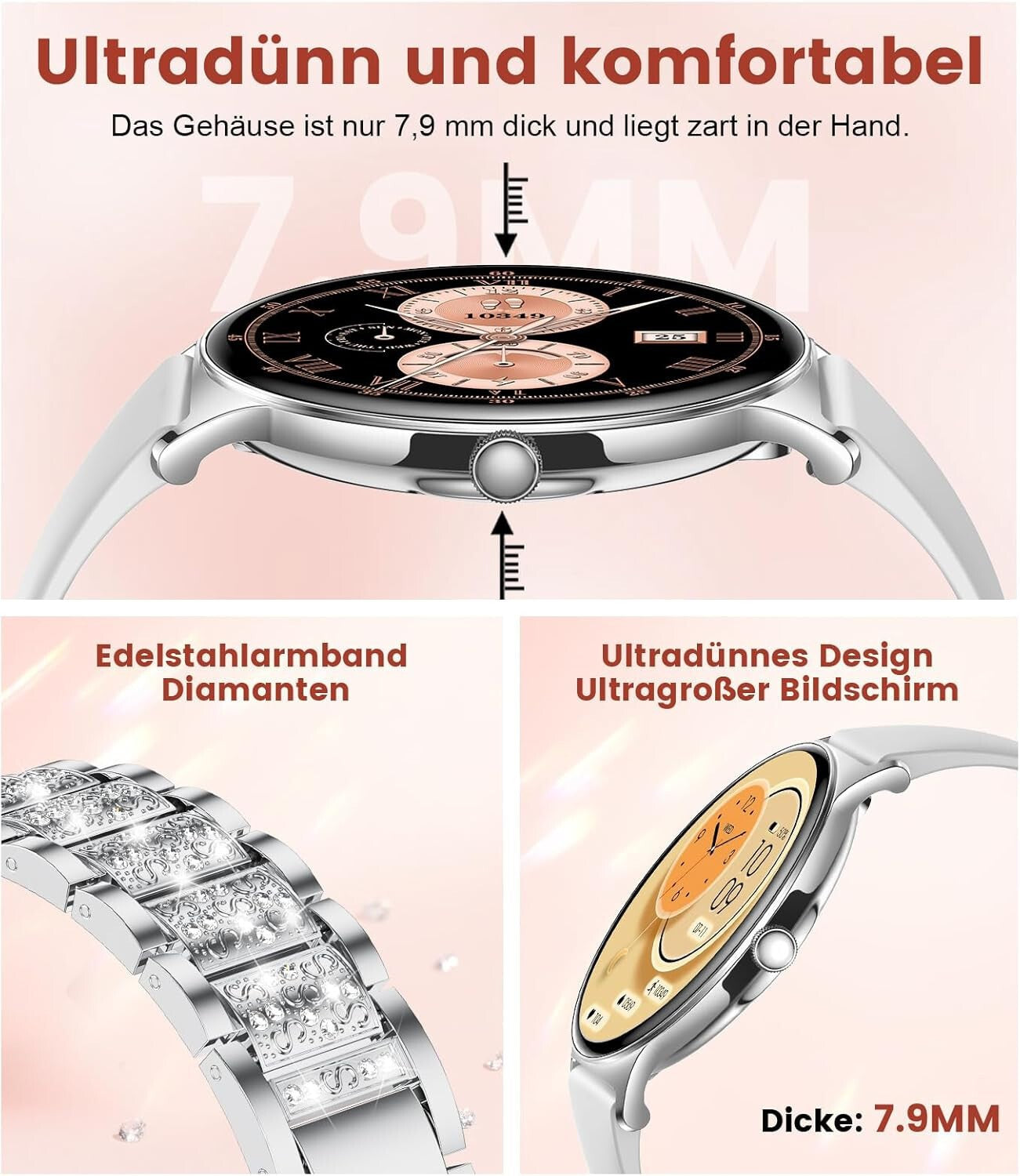 Smartwatch Damen und Frauen mit Telefonfunktion Armbanduhr Wasserdicht