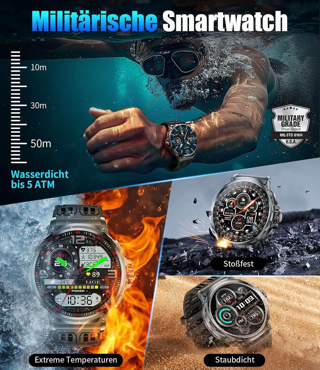 Smartwatch Herren und Männer Telefonfunktion Armbanduhr Wasserdicht