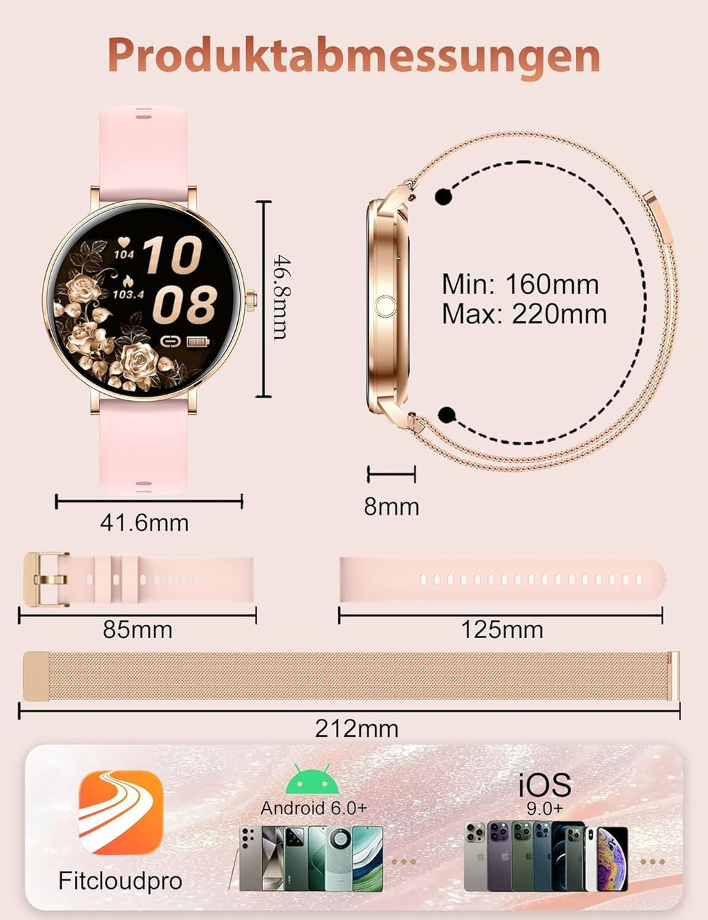 Smartwatch Damen - Bluetooth Wasserdicht Armbanduhr für iOS Android Elegant