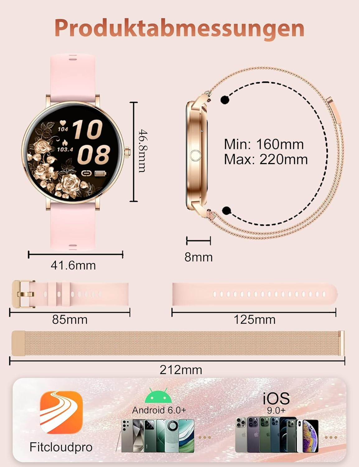 Smartwatch Damen - Bluetooth Wasserdicht Armbanduhr für iOS Android Elegant