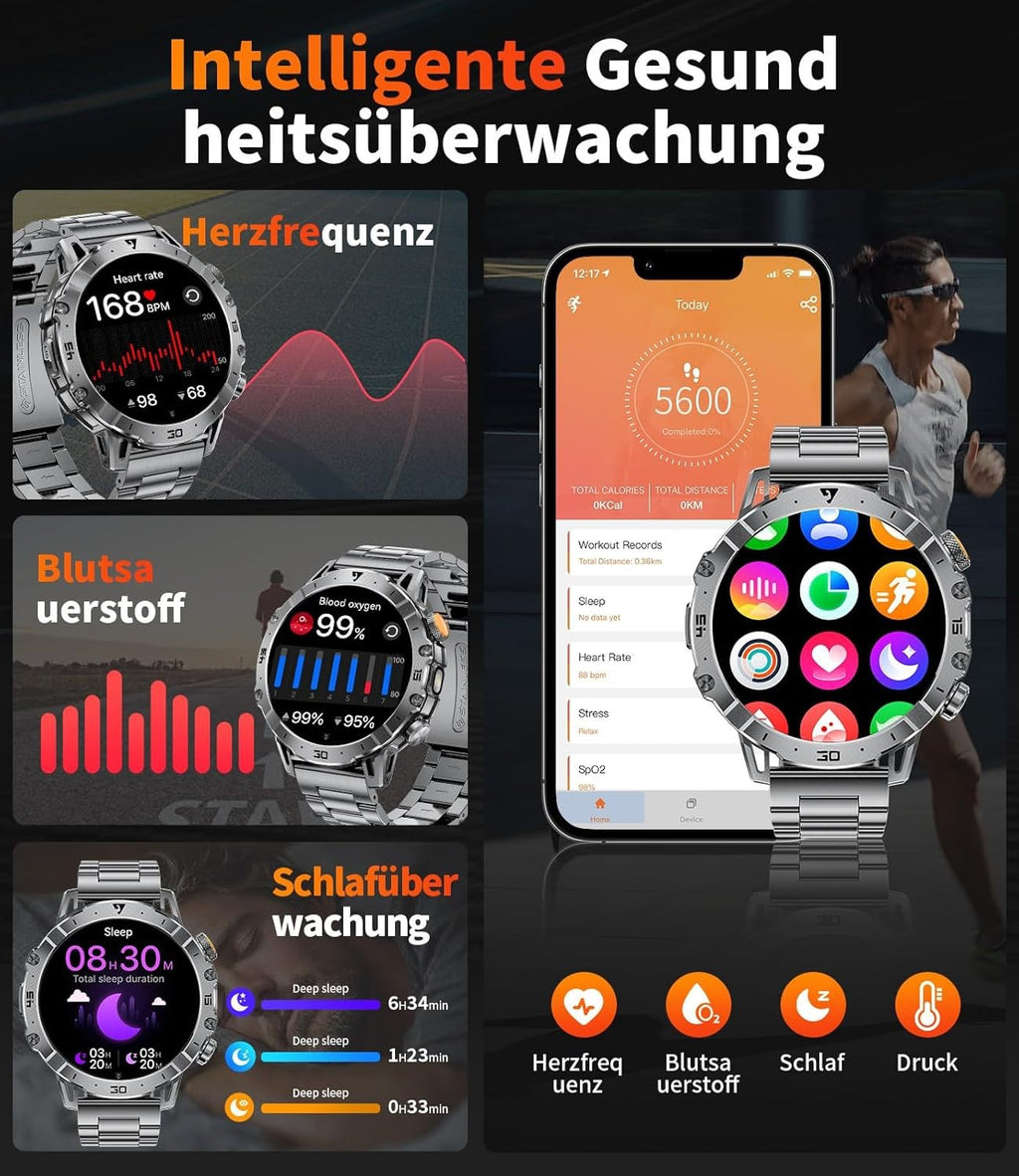 Smartwatch Herren mit Bluetooth Anrufen, LED-Taschenlampe & 1000mAh Akku